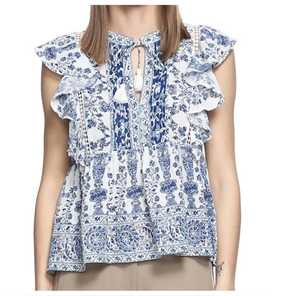 Sea New York Blue White Floral Ruffle Top Size 2 Tassel Tie Babydoll - Picture 3 of 9
